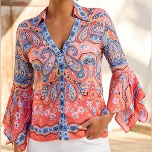 Boston Proper Paisley Blouse in Coral and Blue